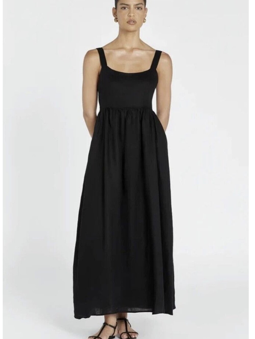 New! DISSH Spencer Black Linen Midi Dress NWT Size 6 Square Neck Pockets